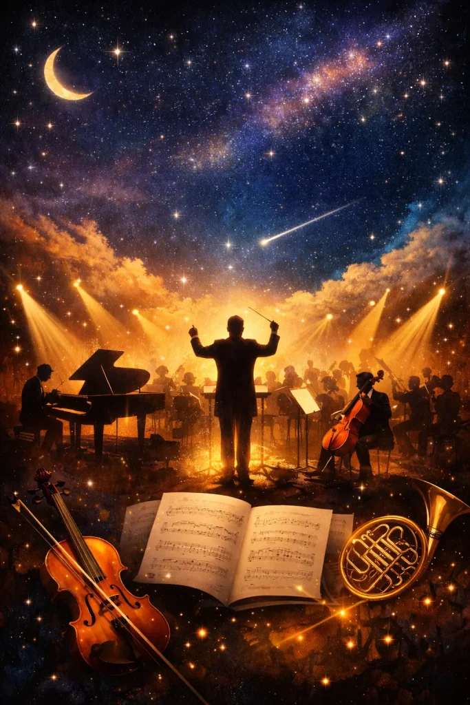 Orquesta sinfónica interpretando música bajo un cielo estrellado con violín y trompa en primer plano, imagen conceptual de concierto sinfónico inspirado en Coldplay